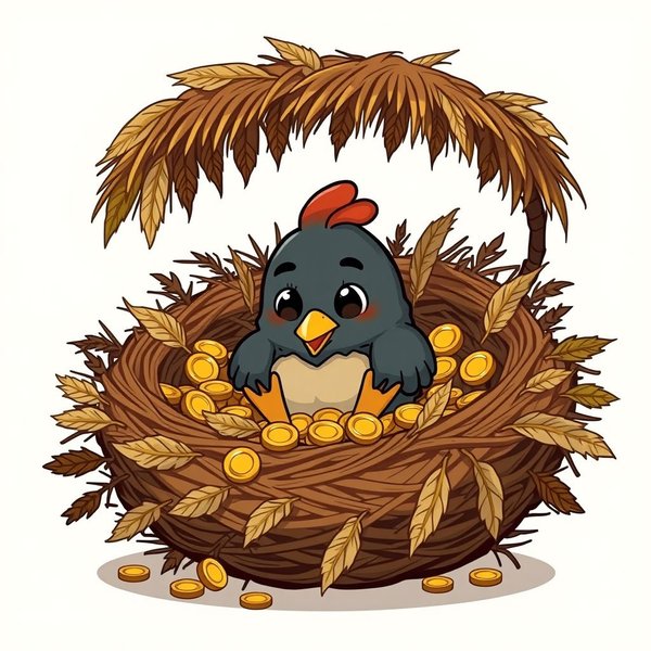 Sarang nyaman dengan bulu-bulu, melambangkan seseorang yang memperkaya diri sendiri, menggambarkan idiom Feather One's Own Nest