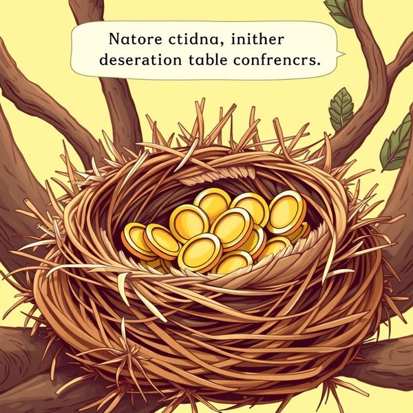 A comfortable nest with feathers, symbolizing someone enriching themselves, illustrating the idiom Feather One's Own Nest