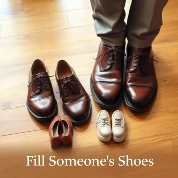 A pair of large shoes next to a smaller pair, illustrating the concept of "Fill Someone's Shoes"