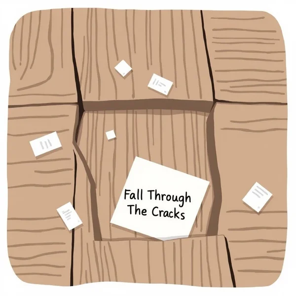 Illustration of items falling through floorboards to represent the idiom Fall Through The Cracks
