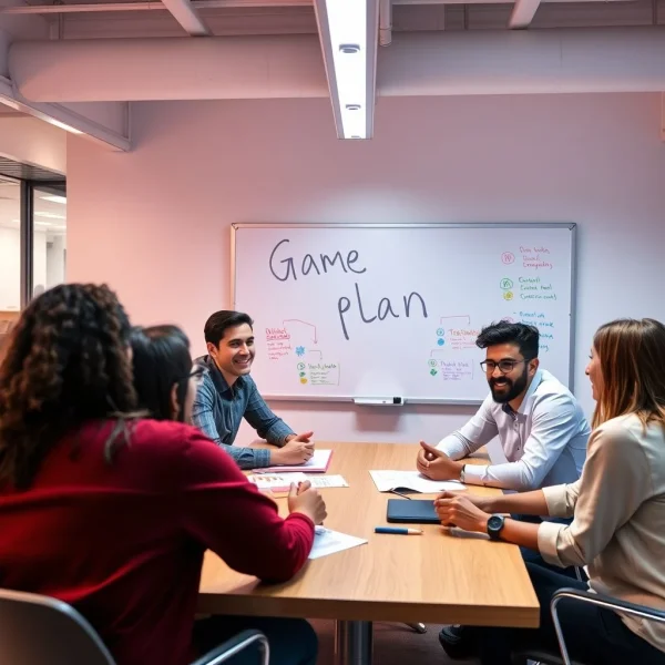 Un gruppo di persone che discute una strategia attorno a un tavolo con una lavagna che illustra una Game Plan