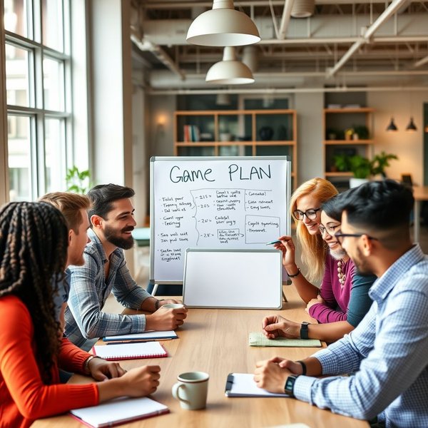 A group of people discussing a strategy around a table with a whiteboard illustrating a Game Plan