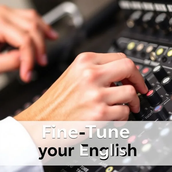 Afbeelding van iemand die kleine aanpassingen maakt aan een instrument of machine, met de tekst "Understanding how to Fine-Tune your English skills"