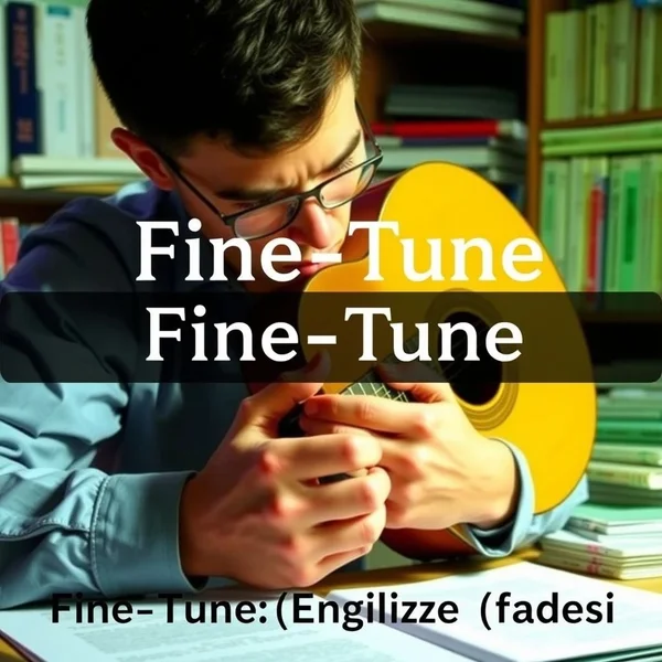Bir enstrümana veya makineye küçük ayarlamalar yapan birinin resmi, üzerinde "İngilizce becerilerinizi Fine-Tune etmeyi anlamak" metniyle