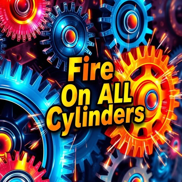 Zirve performansı temsil eden dişliler ve kıvılcımlarla dolu dinamik bir 'Fire On All Cylinders' illüstrasyonu