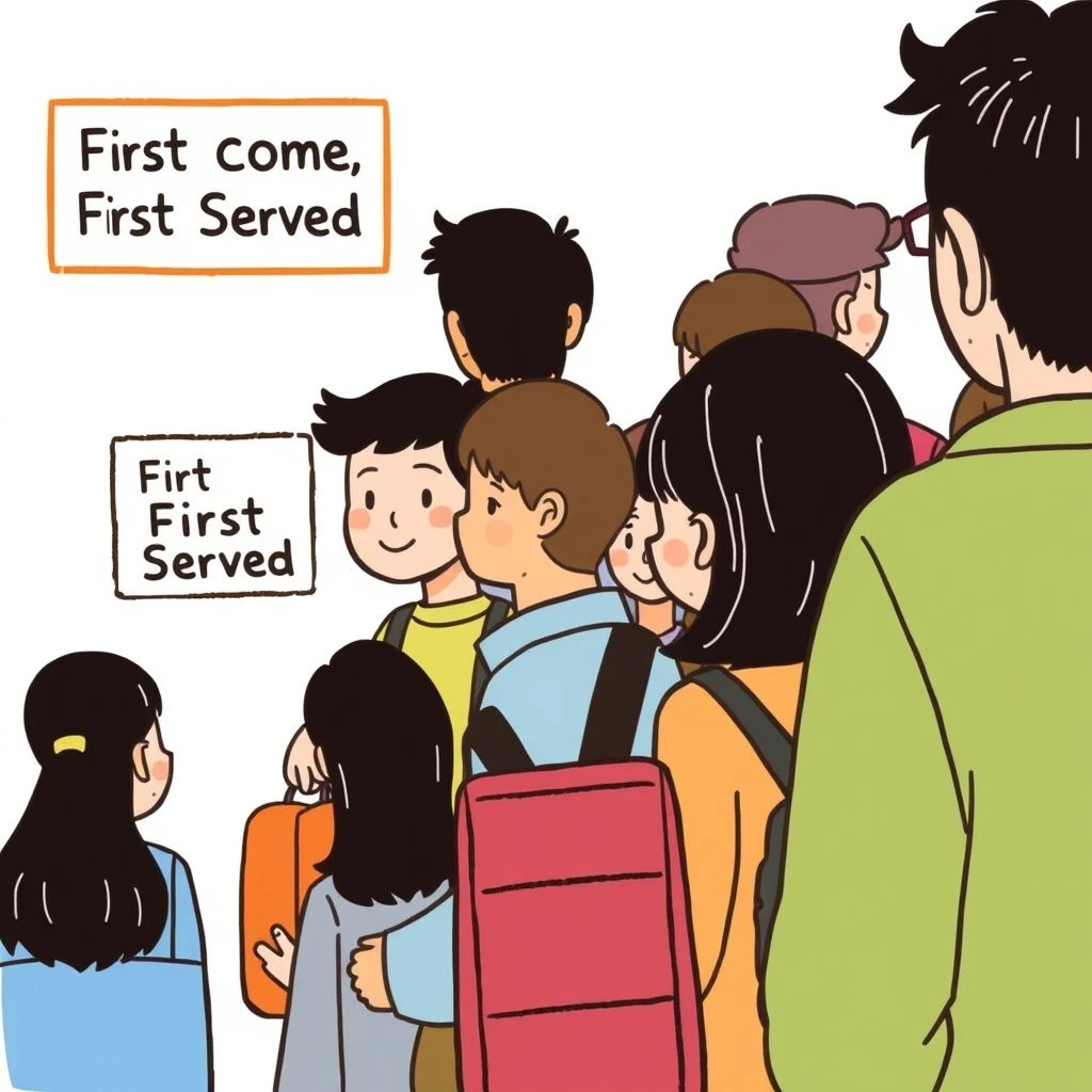 First Come, First Served 早い者勝ち 英語イディオムの意味と使い方・公平性の理解