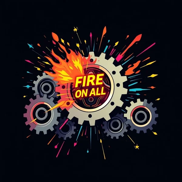 Illustration representing 'Fire On All Cylinders' with dynamic gears and sparks to show peak performance