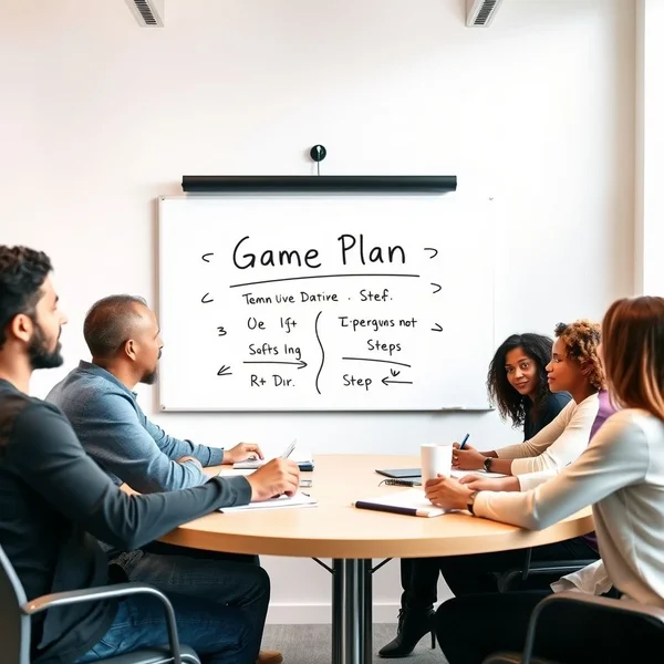 Sekelompok orang mendiskusikan strategi di sekitar meja dengan papan tulis yang menggambarkan Game Plan