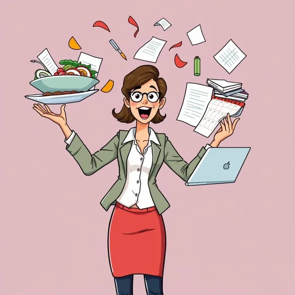 Ilustrasi seseorang yang sedang juggling banyak benda sebagai perwujudan memiliki Full Plate