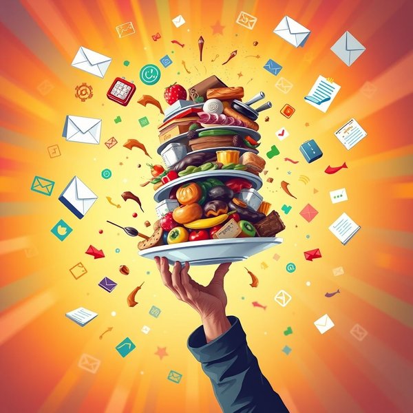 Illustrazione di una persona che giostra molti oggetti a rappresentare il concetto di Full Plate