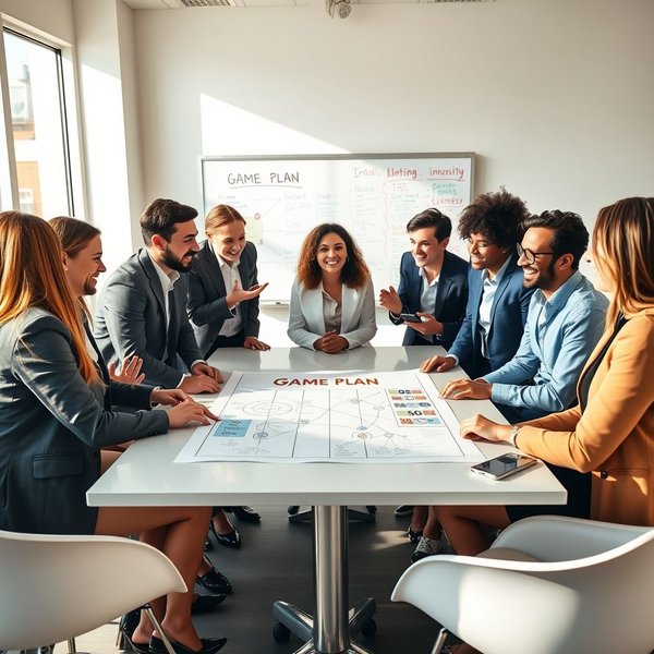 A group of people discussing a strategy around a table with a whiteboard illustrating a Game Plan