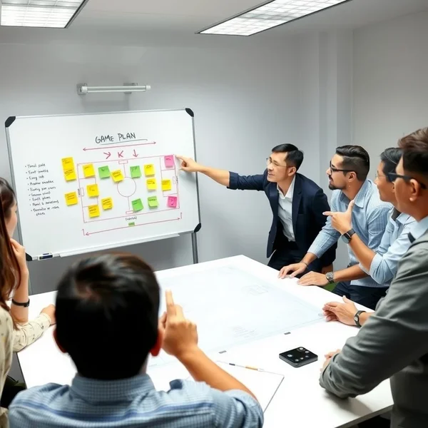 A group of people discussing a strategy around a table with a whiteboard illustrating a Game Plan