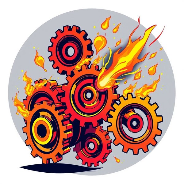Illustration representing 'Fire On All Cylinders' with dynamic gears and sparks to show peak performance