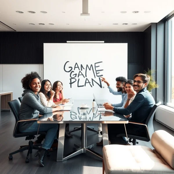 一群人在会议桌前讨论策略，白板上画着一份Game Plan