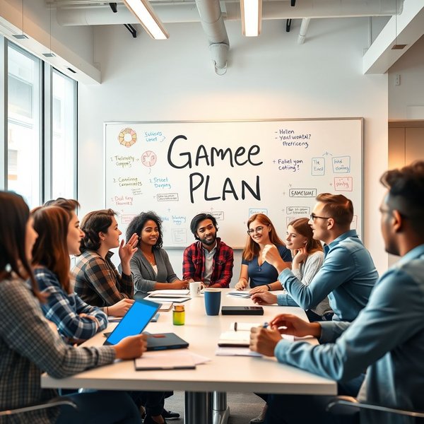 A group of people discussing a strategy around a table with a whiteboard illustrating a Game Plan