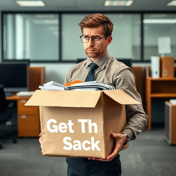 Person looking sad with a box of office belongings - Illustrating Get The Sack