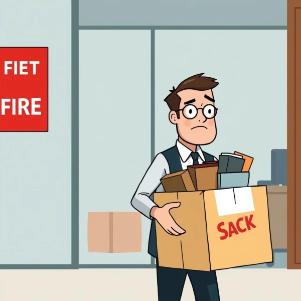 Person looking sad with a box of office belongings - Illustrating Get The Sack