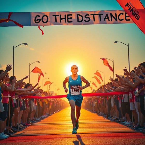 Afbeelding van een hardloper die een finishlijn oversteekt, ter illustratie van het concept 'Go The Distance'