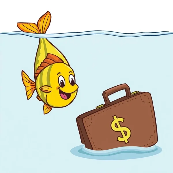Illustration für die Redewendung Go Belly Up, die ein gescheitertes Unternehmen oder einen Fisch zeigt, der tatsächlich mit dem Bauch nach oben schwimmt