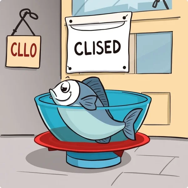 Illustratie voor het idioom Go Belly Up waarbij een failliet bedrijf of een vis letterlijk buik omhoog ligt