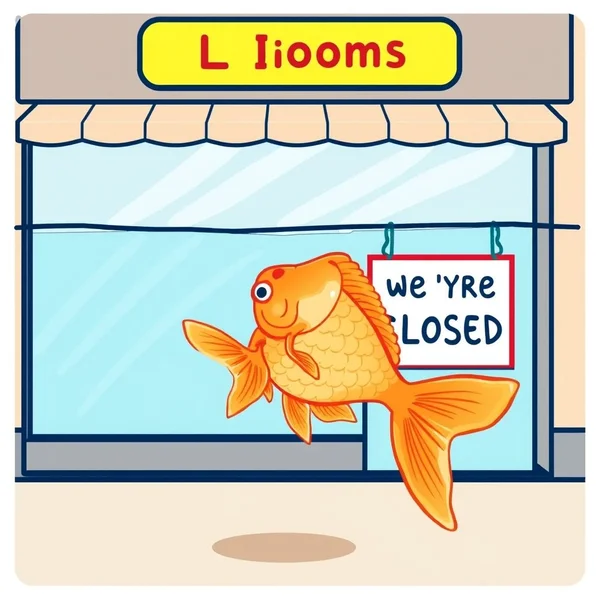 Illustration for the idiom Go Belly Up showing a failed business or a fish literally belly up