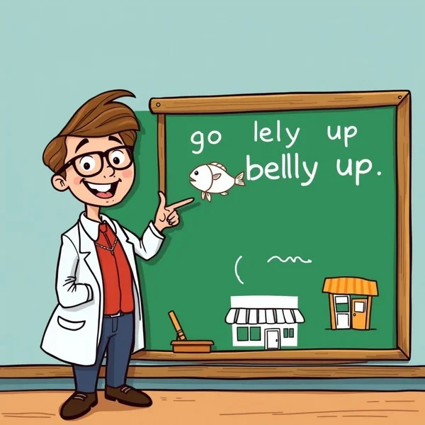 Ilustrasi idiom Go Belly Up yang menunjukkan sebuah bisnis gagal atau ikan yang benar-benar terbalik