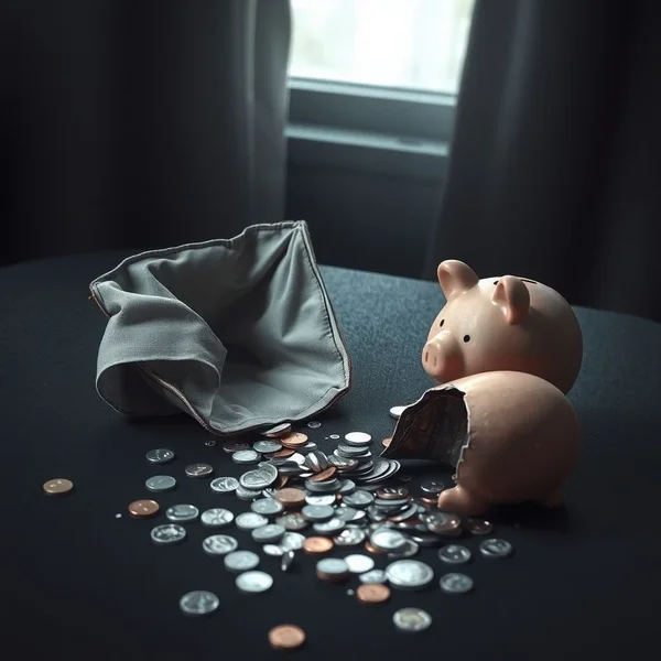 A visual representation of what it means to Go Broke, like an empty wallet or a shattered piggy bank