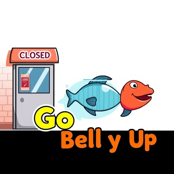 Illustration for the idiom Go Belly Up showing a failed business or a fish literally belly up