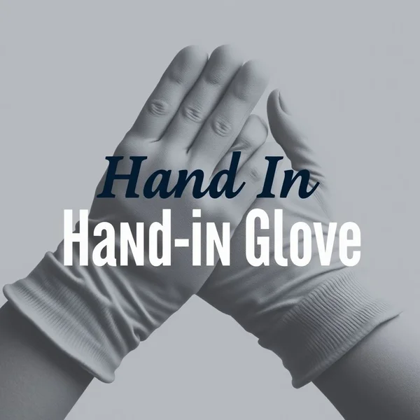 Image of two hands in gloves fitting together, or people working closely, with the text "Hand In Glove"