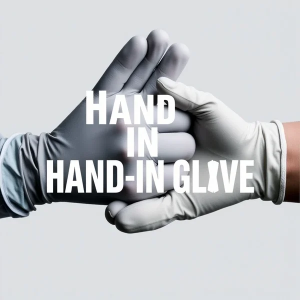 两只手套合适地贴合在一起或人们紧密合作的图片，文字为“Hand In Glove”