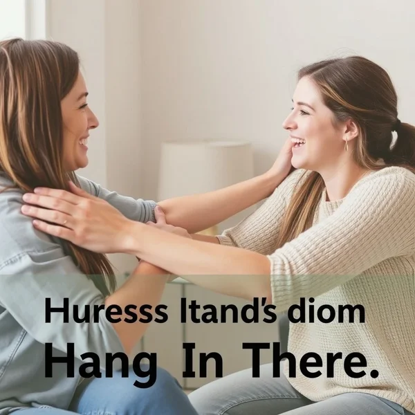 Immagine di qualcuno che incoraggia un altro, con testo sovrapposto: Comprendere l'idioma 'Hang In There'