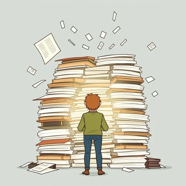 Illustration montrant une personne regardant une grande pile de papiers, représentant l'idiome Have One's Work Cut Out For Them