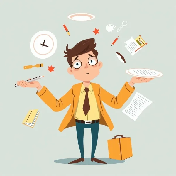 A person looking stressed with many tasks, illustrating the idiom "Have A Lot On One's Plate"