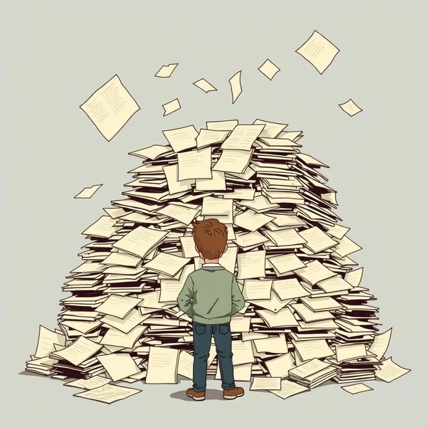 Have One's Work Cut Out For Themを表す大きな書類の山を見つめる人のイラスト