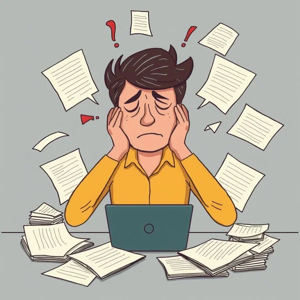 Illustration showing a person looking at a large pile of papers, representing the idiom Have One's Work Cut Out For Them