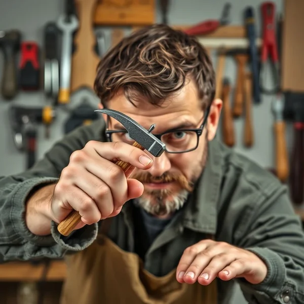 釘をまっすぐに打つ男性、イディオム「Hit The Nail On The Head」を象徴する画像