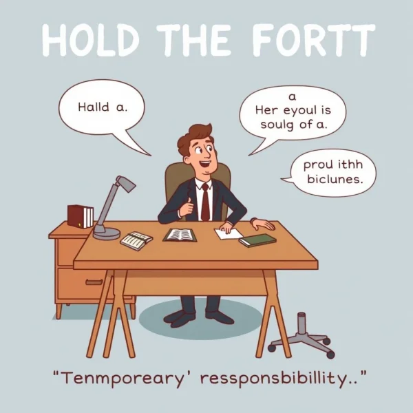 사무실 책상을 자신감 있게 관리하는 사람, "Hold The Fort"라는 관용구를 설명하는 이미지