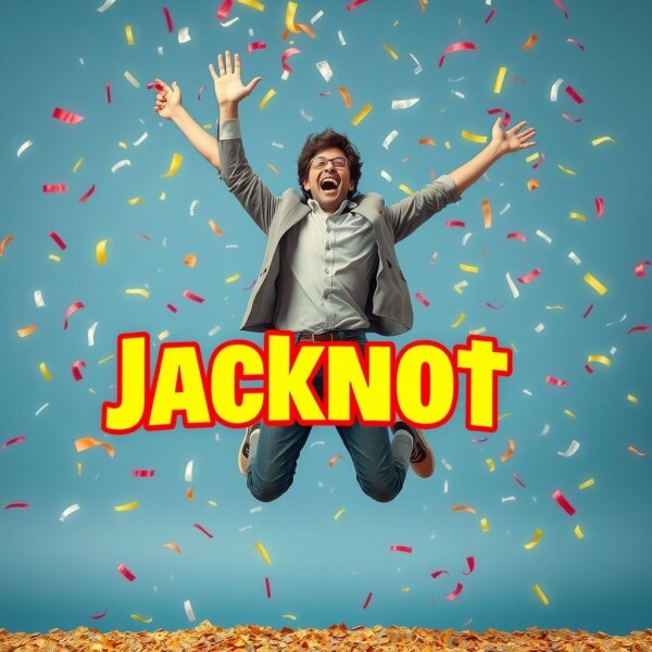 Bir kişinin kazanmayı kutladığı, Jackpot kazanma konseptini illustre eden bir resim