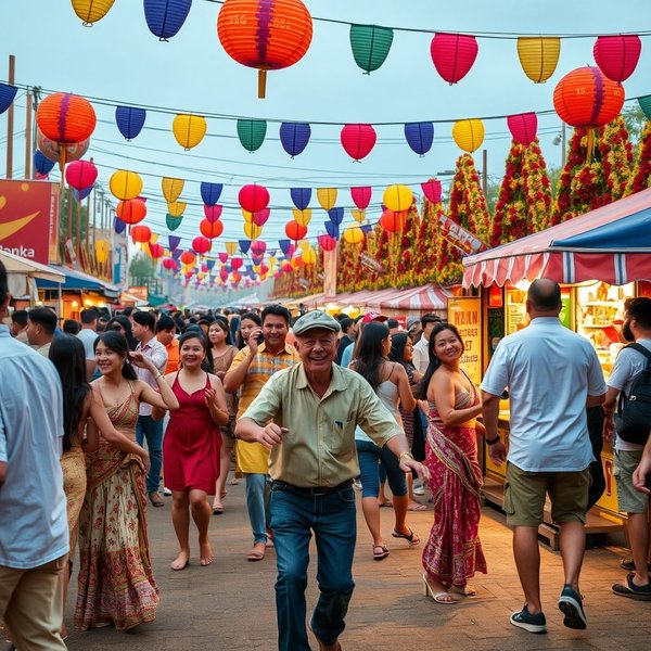 Une scène de fête ou de festival animé, illustrant un événement In Full Swing
