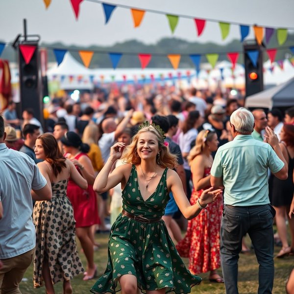 Sebuah pesta atau festival yang meriah, menggambarkan sebuah acara In Full Swing