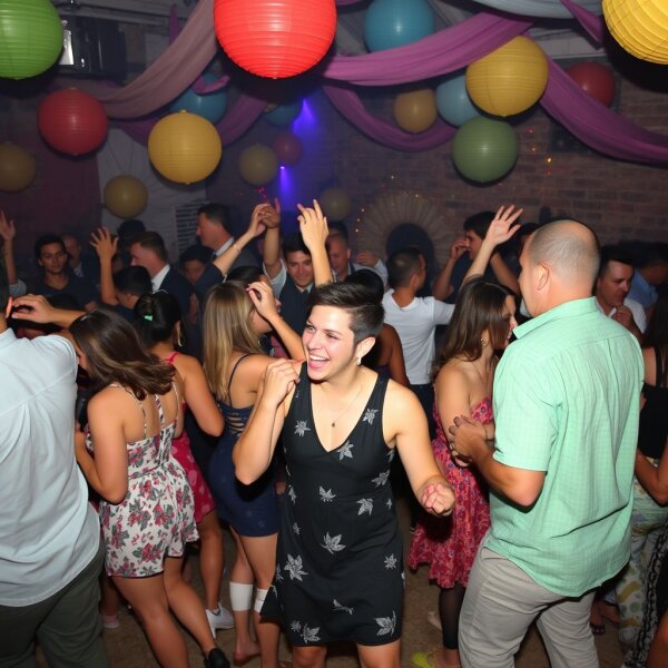 A lively party or festival scene, illustrating an event In Full Swing