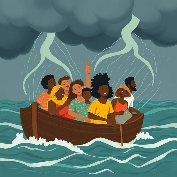 Gambar yang menggambarkan orang-orang "In The Same Boat" berbagi tantangan bersama