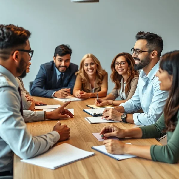 Gambar orang-orang dalam rapat, menggambarkan berada di In The Loop