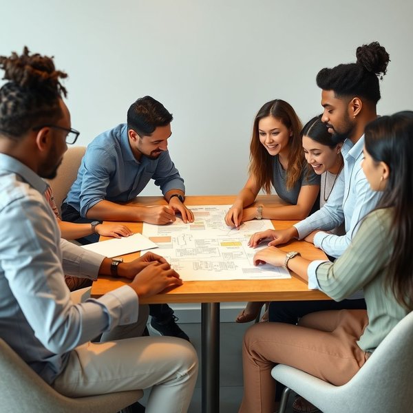 Mensen die samenwerken om de "kinks" in een nieuw projectplan glad te strijken
