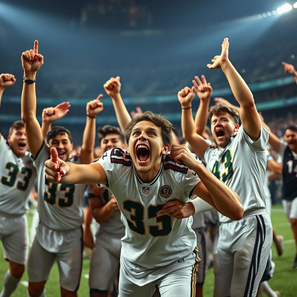 Un'immagine che illustra il concetto di strappare la vittoria dalle Jaws Of Defeat, forse una squadra sportiva che celebra una vittoria improbabile.