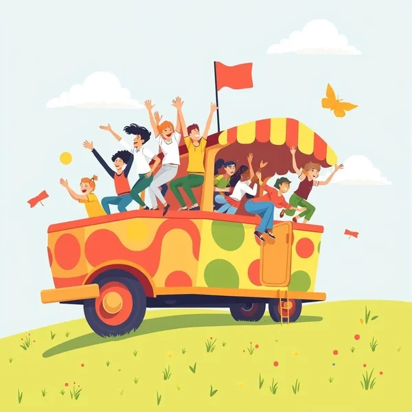 İnsanlar Jump On The Bandwagon deyimini illustre eden bir vagona atlıyorlar