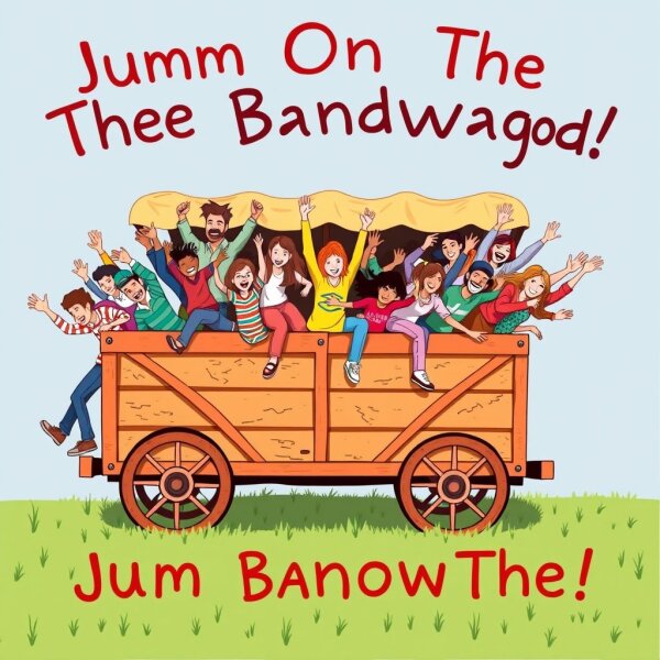 People jumping on a wagon to illustrate the idiom Jump On The Bandwagon