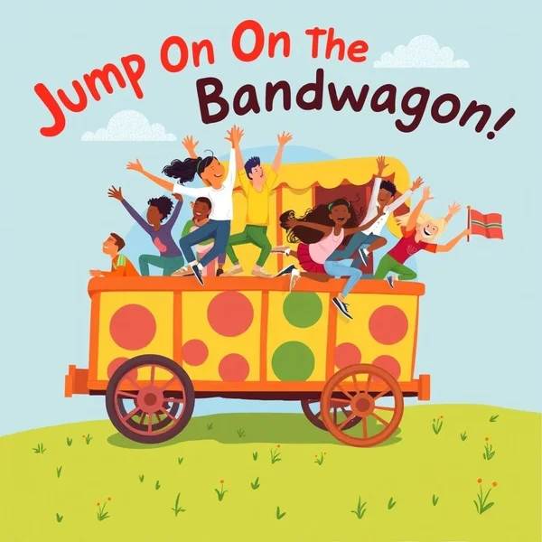 Mensen die op een wagen springen om het idiom Jump On The Bandwagon te illustreren