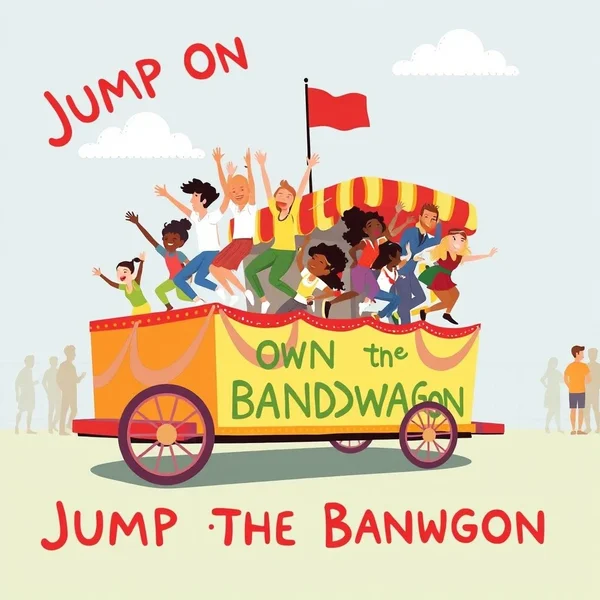 People jumping on a wagon to illustrate the idiom Jump On The Bandwagon