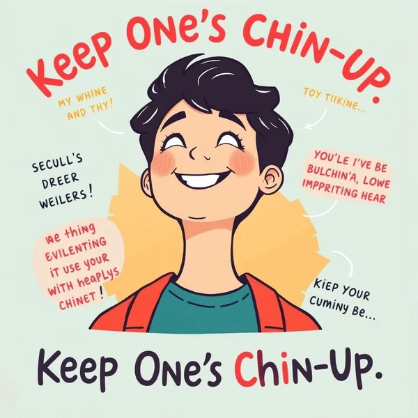 Gambar seseorang yang terlihat penuh harapan dengan teks "Keep One's Chin Up" di atasnya